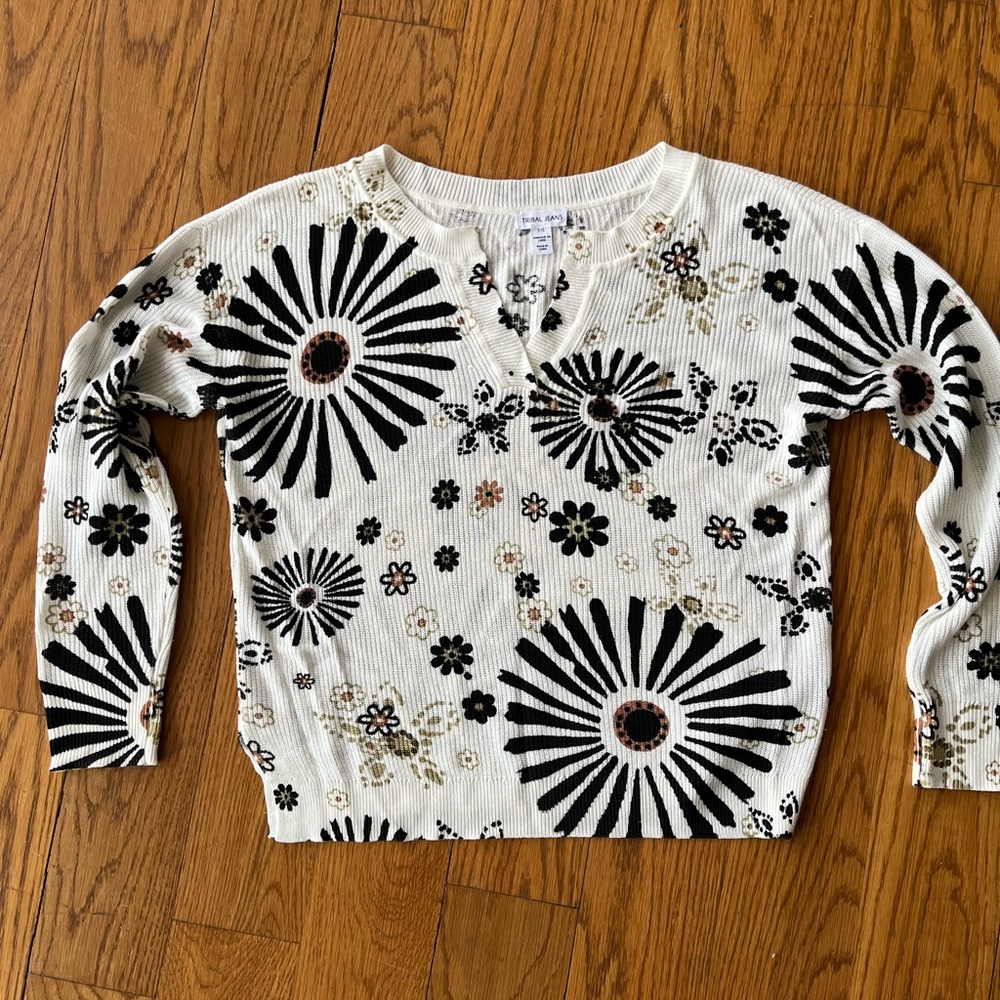 Tribal Cream Knit Crew Neck Sweater with Floral Accent